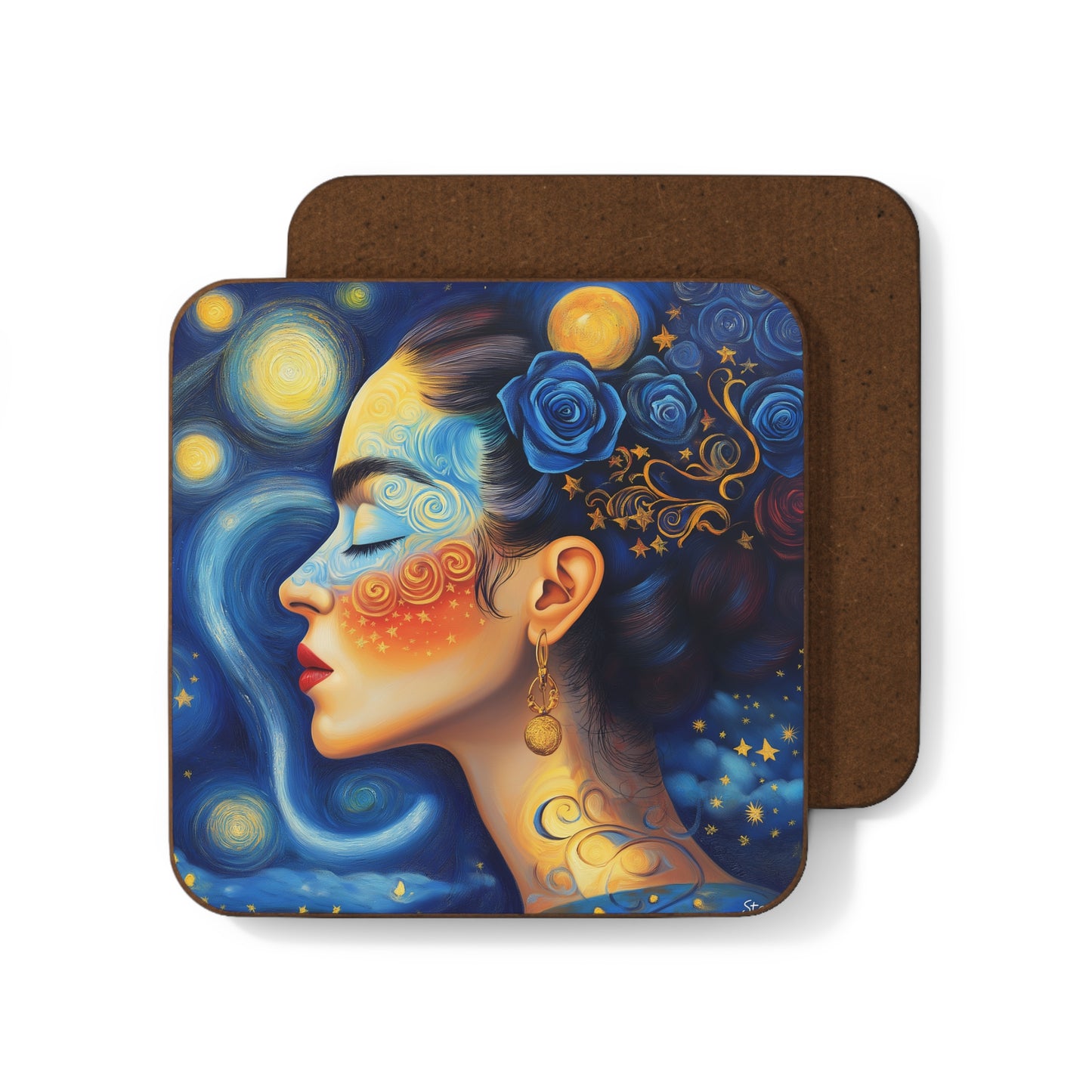 Frida-in-Van Gogh-World Hardboard Back Coaster