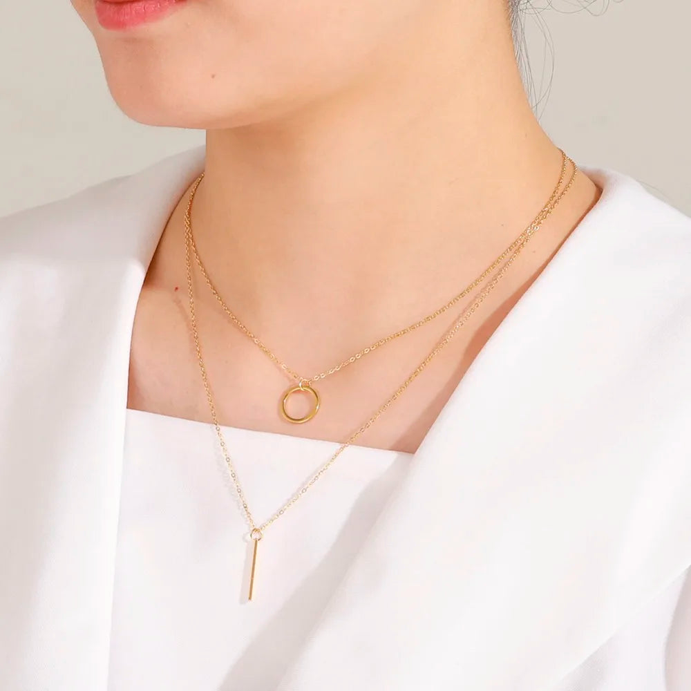 Elegant Double-Layer Geometry Pendant Necklace – Fashion Multilayer Chain Choker for Women’s Trendy Style ✨