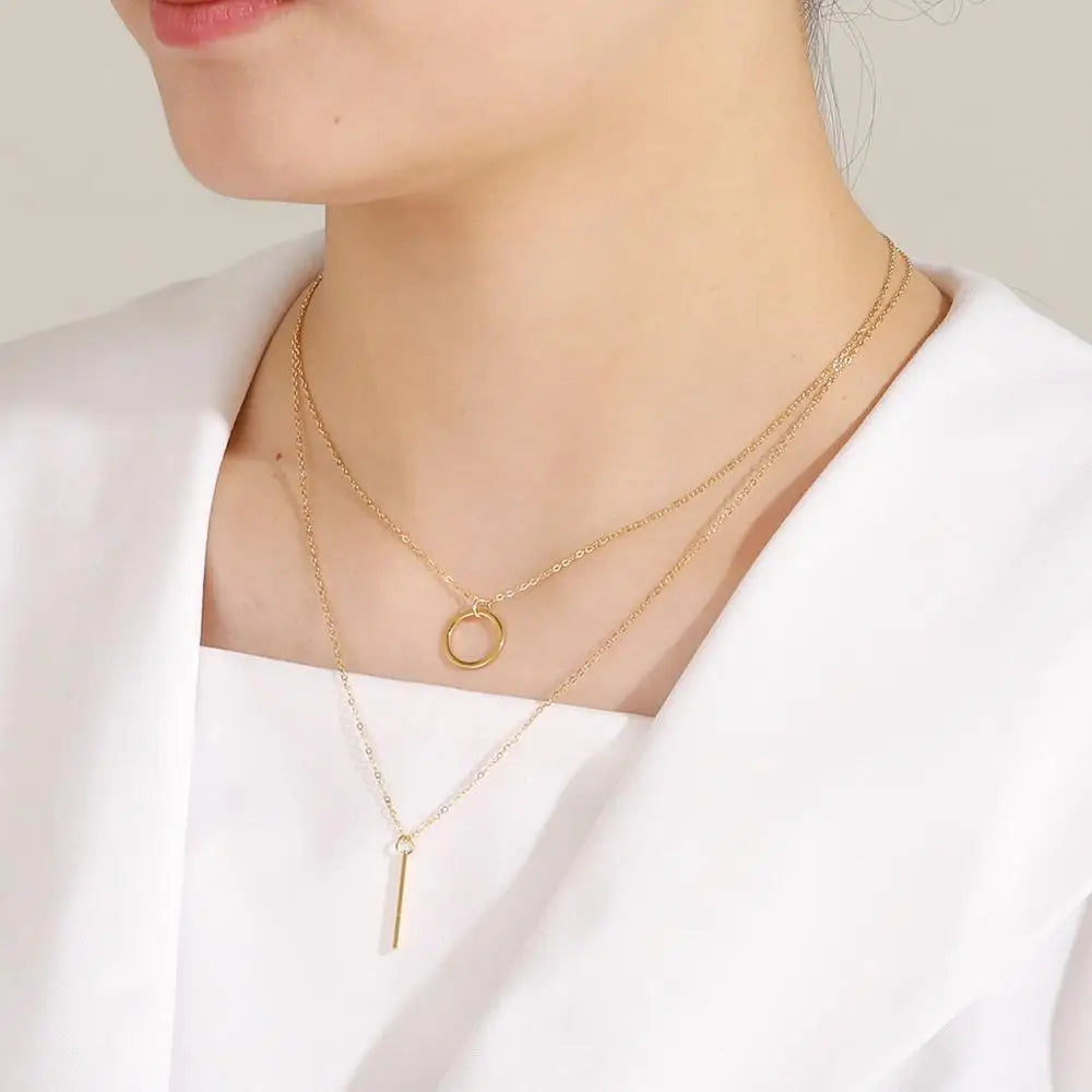 Elegant Double-Layer Geometry Pendant Necklace – Fashion Multilayer Chain Choker for Women’s Trendy Style ✨