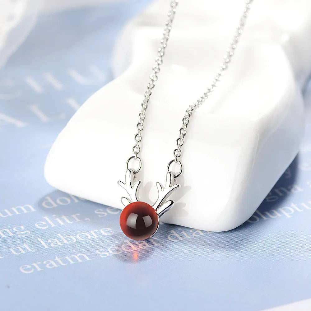 Trendy Christmas Deer Elk Pendant Necklace - Natural Garnet Platinum Plated Jewelry for Women