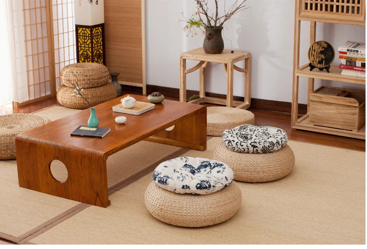 Japanese Style Thicken Futon Meditation Cushion – Natural Straw Woven Tatami Yoga Cushion for Home Decor & Meditation