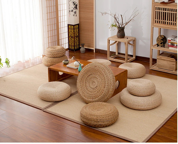 Japanese Style Thicken Futon Meditation Cushion – Natural Straw Woven Tatami Yoga Cushion for Home Decor & Meditation