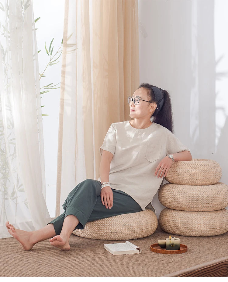 Japanese Style Thicken Futon Meditation Cushion – Natural Straw Woven Tatami Yoga Cushion for Home Decor & Meditation