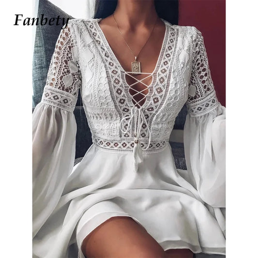 Elegant Crochet Lace V-Neck Mini Dress – Sexy Flare Sleeve Party Dress for Spring & Summer