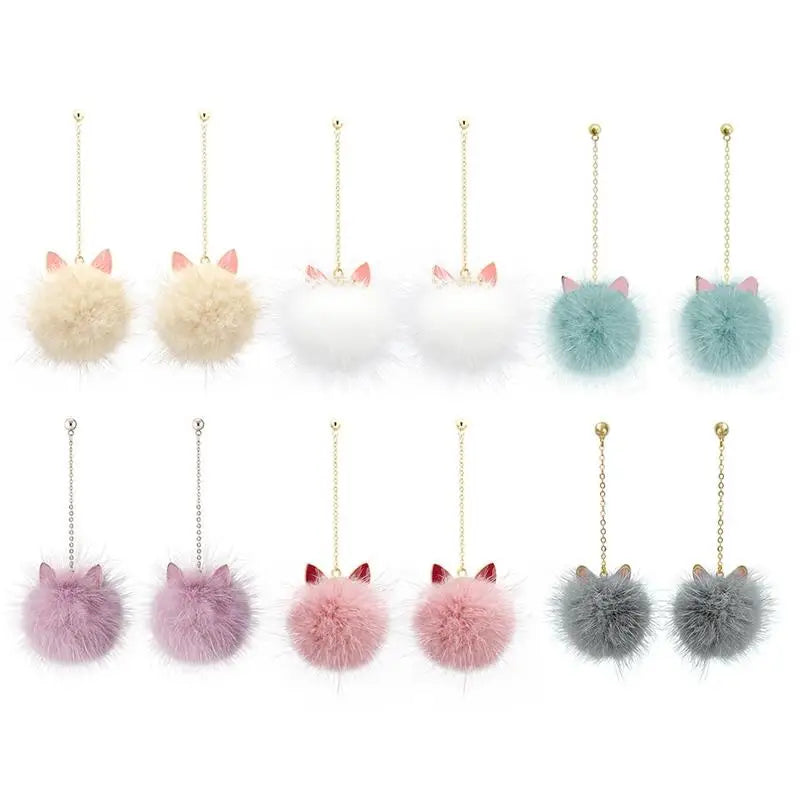 Adorable Cat Ear Faux Fur Pom Pom Earrings – Fluffy, Fun & Fashionable for Trendy Looks! 🐱✨