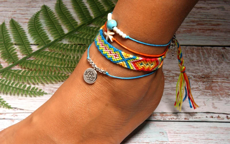 Handmade Boho Anklet Set – Starfish, Lotus & Shell Charms (4 Pieces)