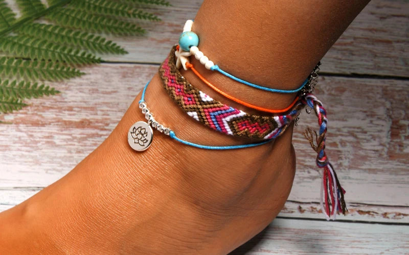 Handmade Boho Anklet Set – Starfish, Lotus & Shell Charms (4 Pieces)