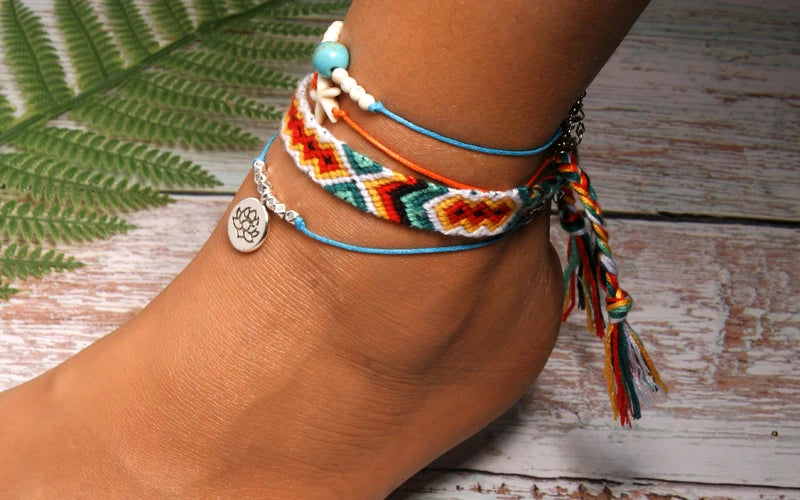 Handmade Boho Anklet Set – Starfish, Lotus & Shell Charms (4 Pieces)