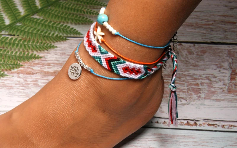 Handmade Boho Anklet Set – Starfish, Lotus & Shell Charms (4 Pieces)