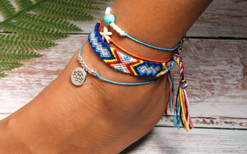 Handmade Boho Anklet Set – Starfish, Lotus & Shell Charms (4 Pieces)