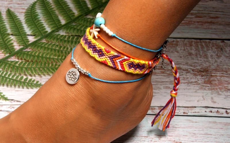 Handmade Boho Anklet Set – Starfish, Lotus & Shell Charms (4 Pieces)