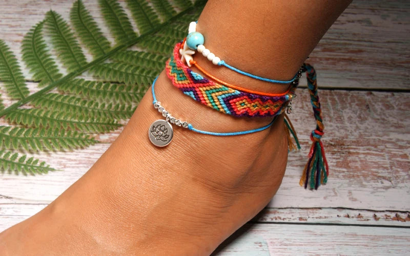 Handmade Boho Anklet Set – Starfish, Lotus & Shell Charms (4 Pieces)