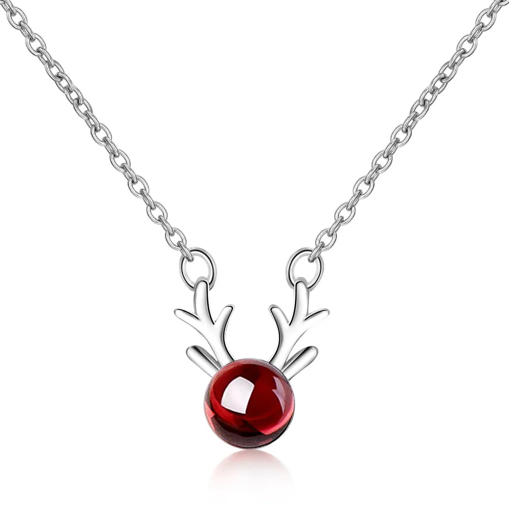 Trendy Christmas Deer Elk Pendant Necklace - Natural Garnet Platinum Plated Jewelry for Women