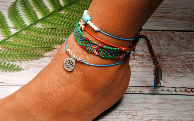 Handmade Boho Anklet Set – Starfish, Lotus & Shell Charms (4 Pieces)