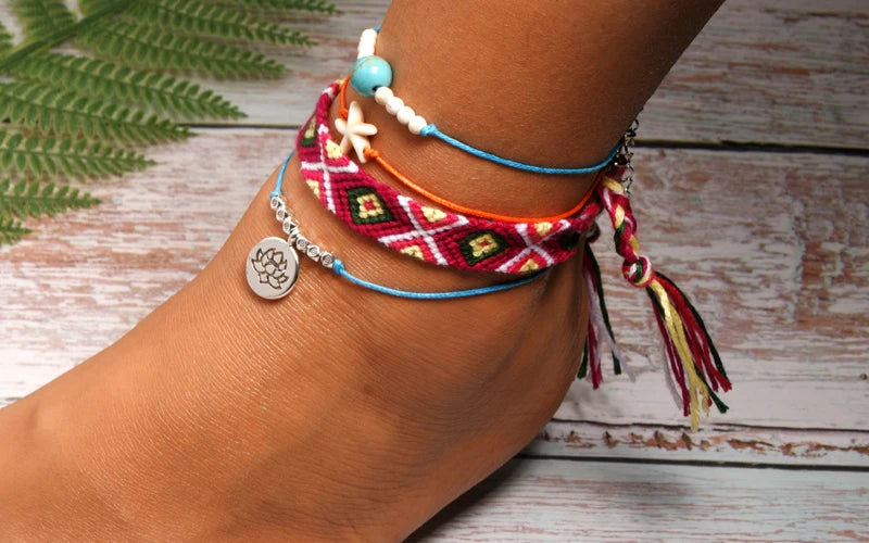 Handmade Boho Anklet Set – Starfish, Lotus & Shell Charms (4 Pieces)