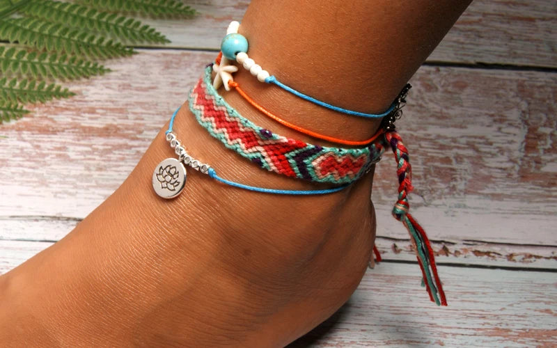 Handmade Boho Anklet Set – Starfish, Lotus & Shell Charms (4 Pieces)