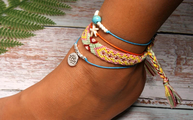 Handmade Boho Anklet Set – Starfish, Lotus & Shell Charms (4 Pieces)