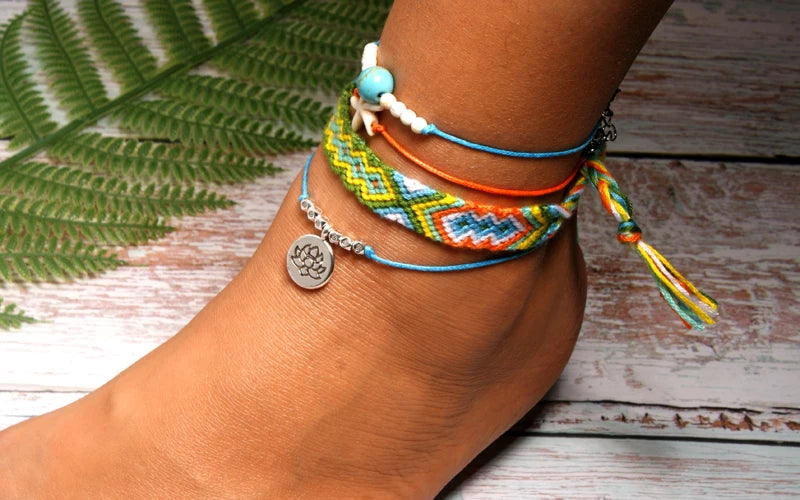 Handmade Boho Anklet Set – Starfish, Lotus & Shell Charms (4 Pieces)