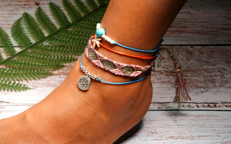 Handmade Boho Anklet Set – Starfish, Lotus & Shell Charms (4 Pieces)