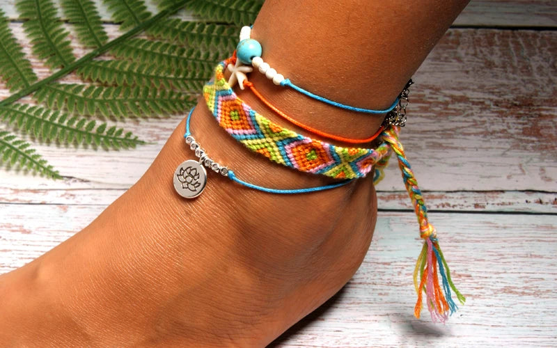 Handmade Boho Anklet Set – Starfish, Lotus & Shell Charms (4 Pieces)