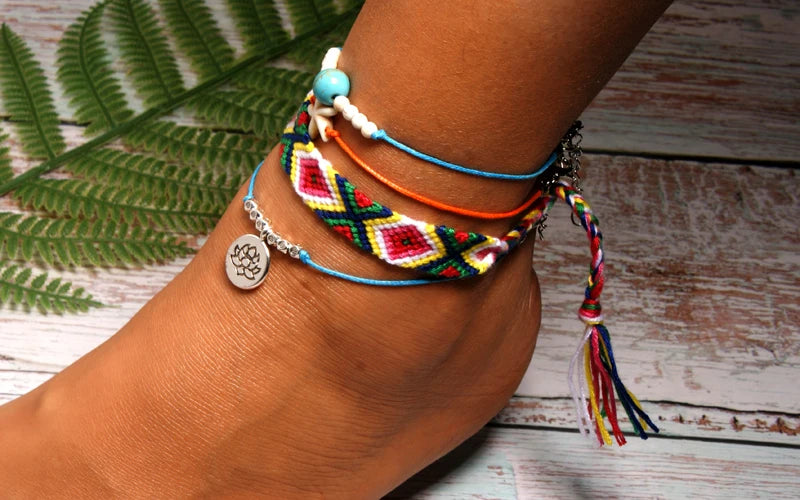 Handmade Boho Anklet Set – Starfish, Lotus & Shell Charms (4 Pieces)