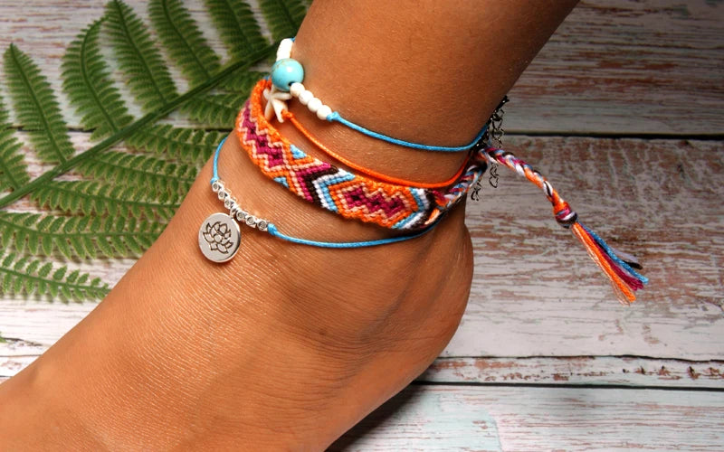 Handmade Boho Anklet Set – Starfish, Lotus & Shell Charms (4 Pieces)