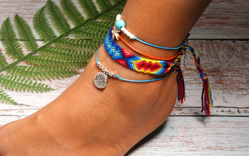 Handmade Boho Anklet Set – Starfish, Lotus & Shell Charms (4 Pieces)