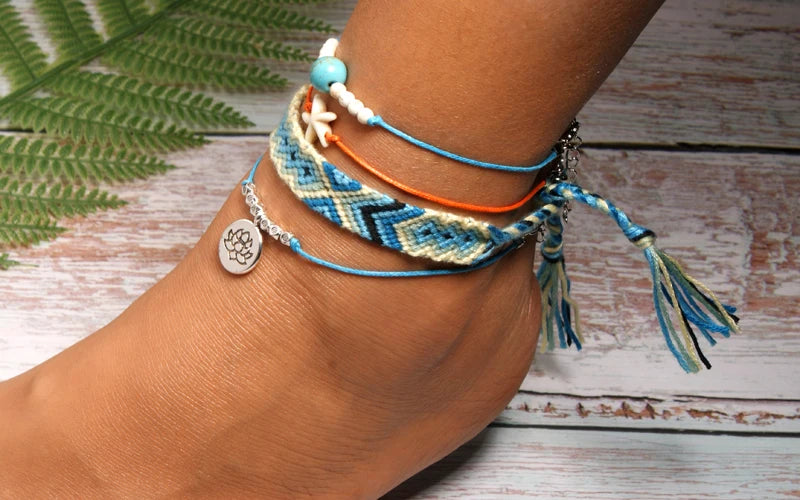 Handmade Boho Anklet Set – Starfish, Lotus & Shell Charms (4 Pieces)