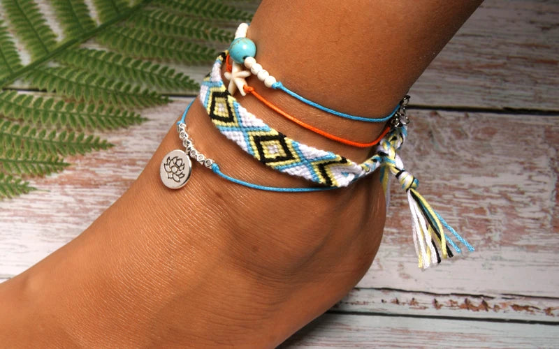 Handmade Boho Anklet Set – Starfish, Lotus & Shell Charms (4 Pieces)