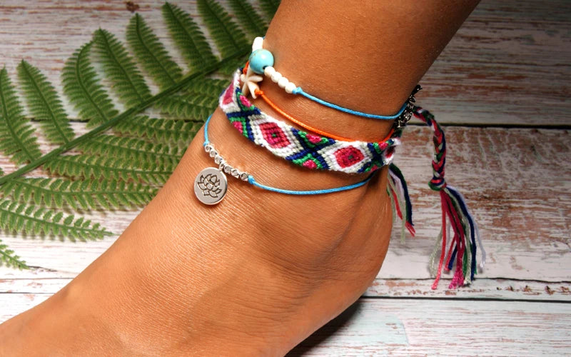 Handmade Boho Anklet Set – Starfish, Lotus & Shell Charms (4 Pieces)