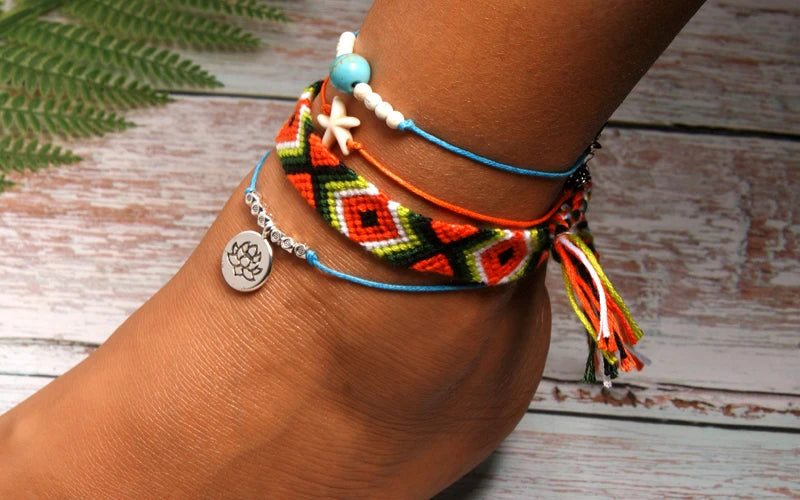 Handmade Boho Anklet Set – Starfish, Lotus & Shell Charms (4 Pieces)