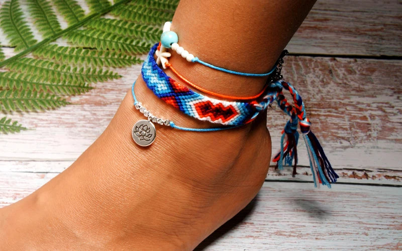 Handmade Boho Anklet Set – Starfish, Lotus & Shell Charms (4 Pieces)