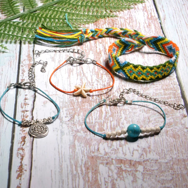 Handmade Boho Anklet Set – Starfish, Lotus & Shell Charms (4 Pieces)