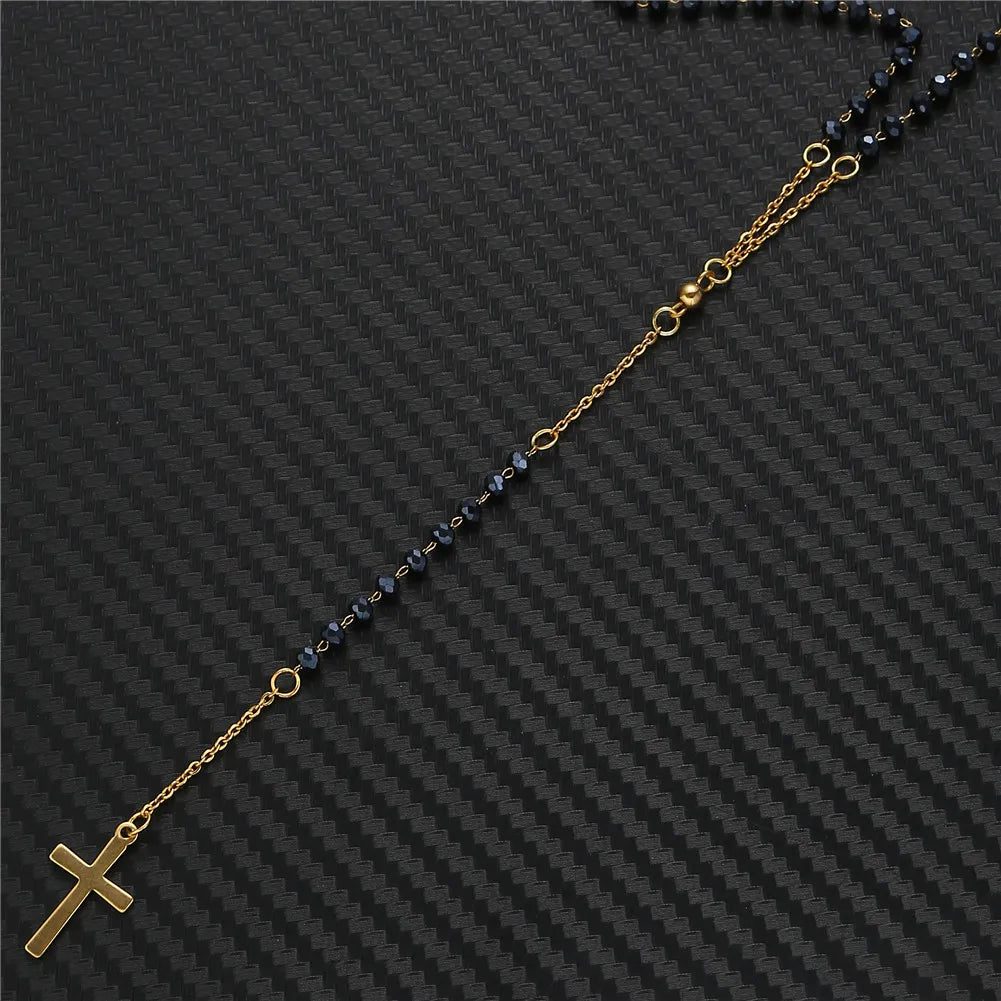 Elegant Stainless Steel Rosary Beads Cross Necklace – Unisex Catholic Y-Shape Religious Jewelry for Faith & Style