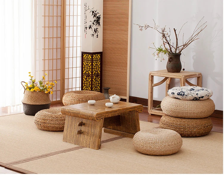 Japanese Style Thicken Futon Meditation Cushion – Natural Straw Woven Tatami Yoga Cushion for Home Decor & Meditation