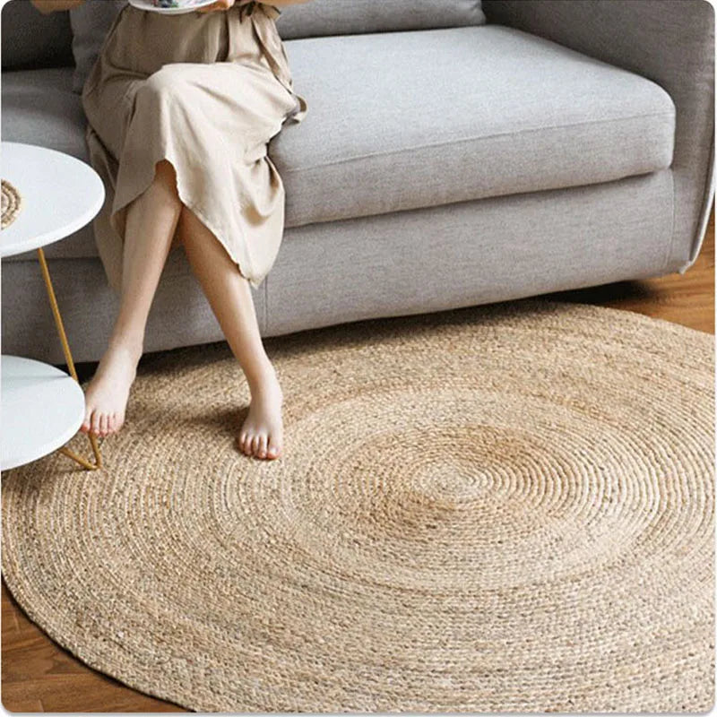 Rattan Round Carpets – Natural Plant Fiber Hand-Woven Rug for Living Room, Bedroom & Kitchen