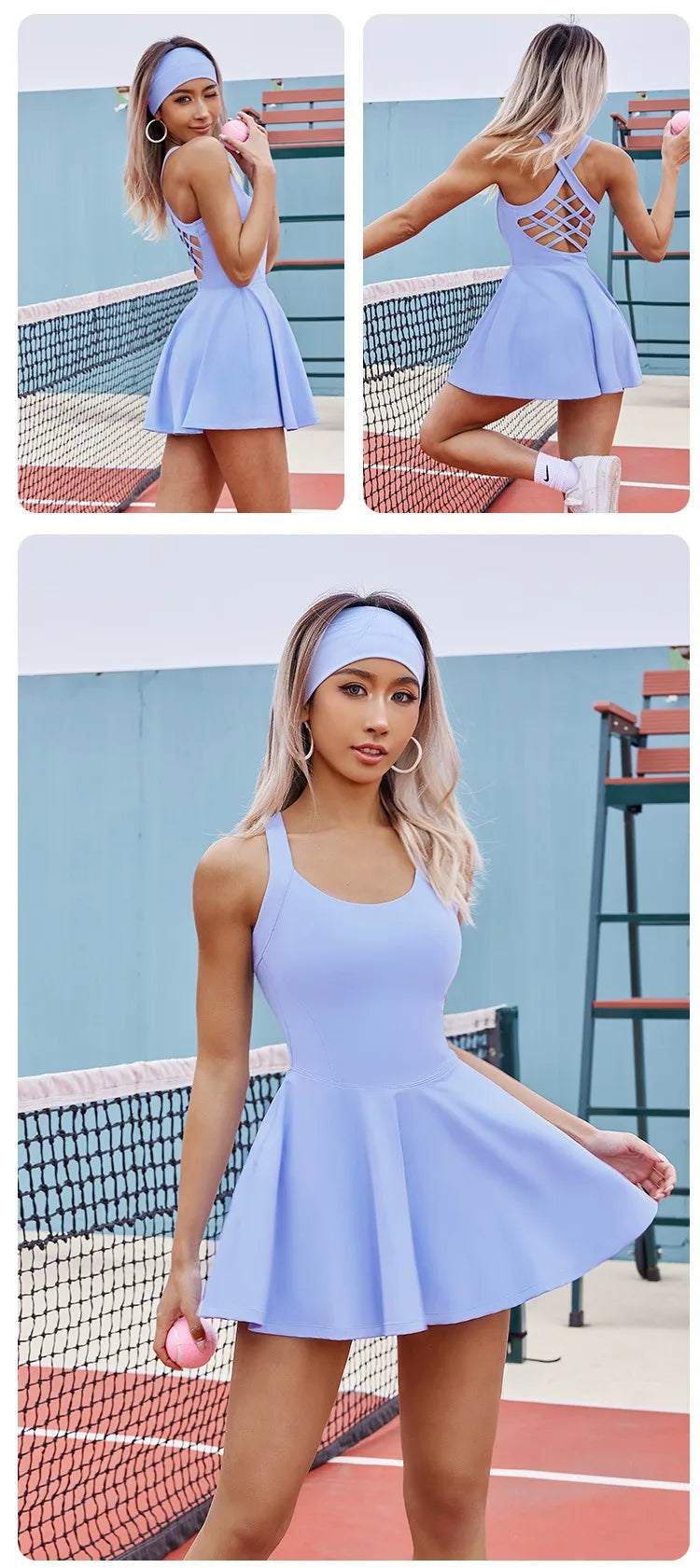 Women's Tennis Dress – Slim Fit Sports One-Piece with Back Cross Straps and Chest Pads