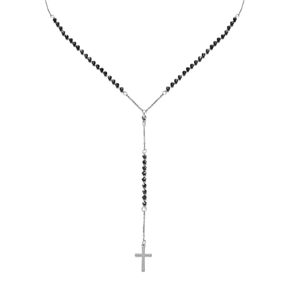 Elegant Stainless Steel Rosary Beads Cross Necklace – Unisex Catholic Y-Shape Religious Jewelry for Faith & Style