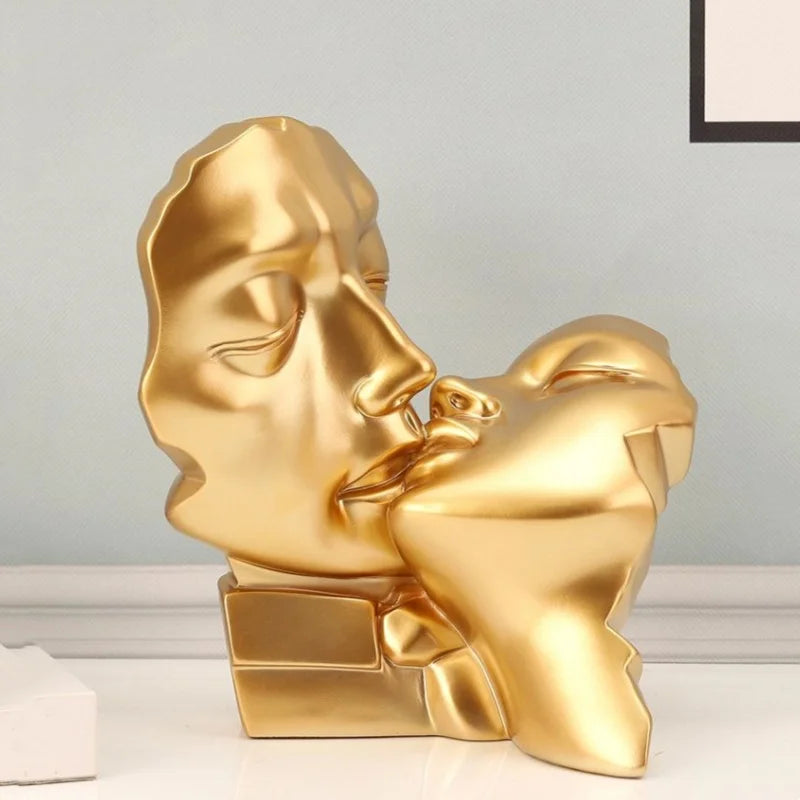 Resin Crafts Abstract Portrait Sculpture – Gold Couple Head Ornament for Wedding Gifts & Home Decoration