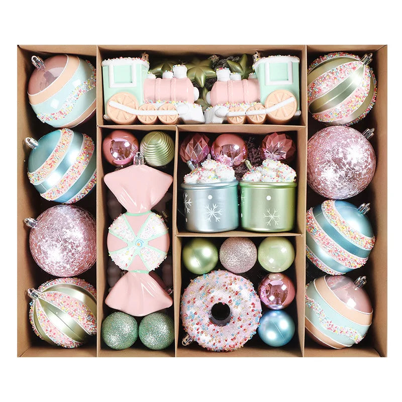 Macaron Ice Cream Christmas Ball Ornaments – Hand-Painted Plastic Baubles for Xmas Tree Decor (32/48/70pcs)