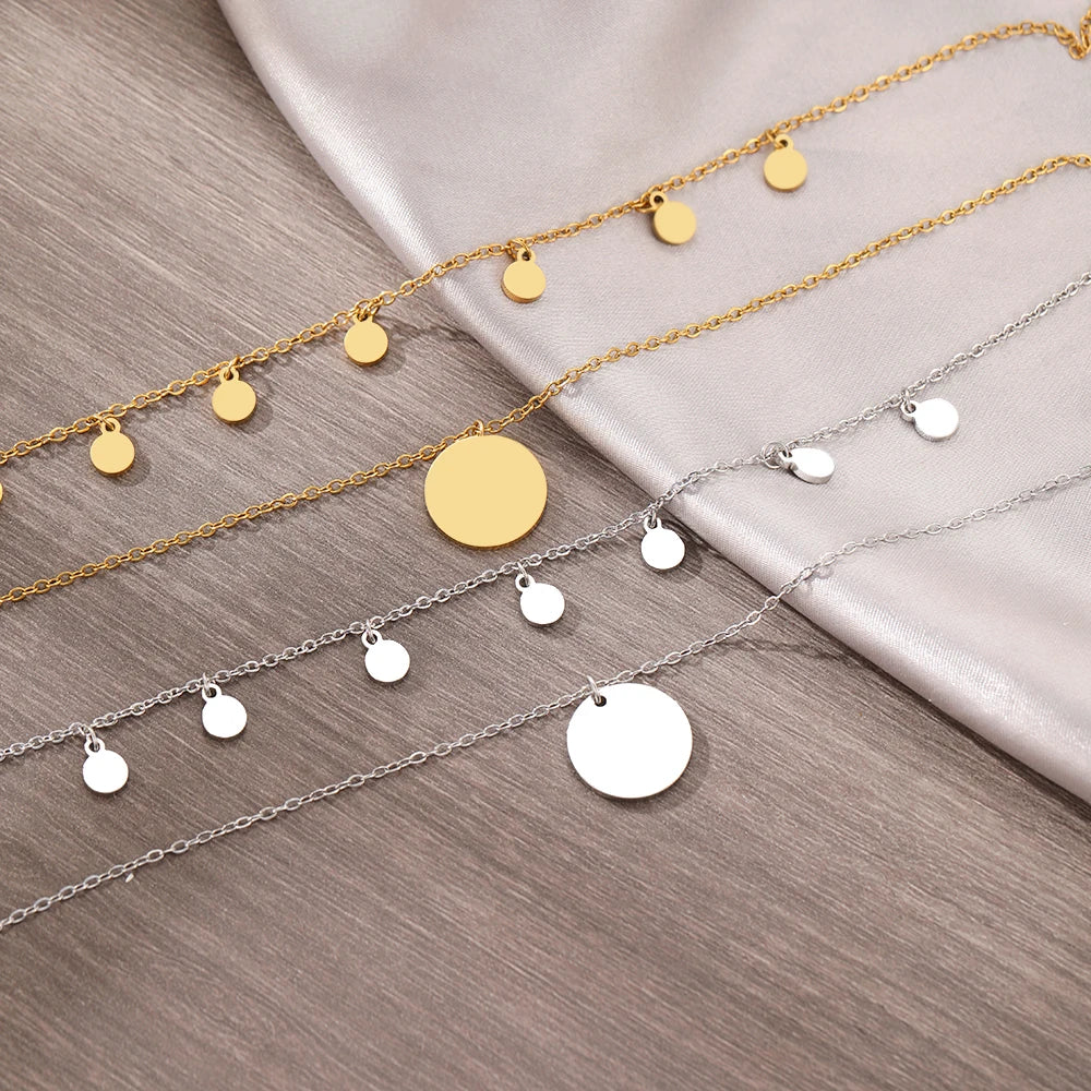 Elegant Geometric Round Pendant Necklace – Stainless Steel Multilayer Sweater Chain for Modern Style & Everyday Elegance ✨