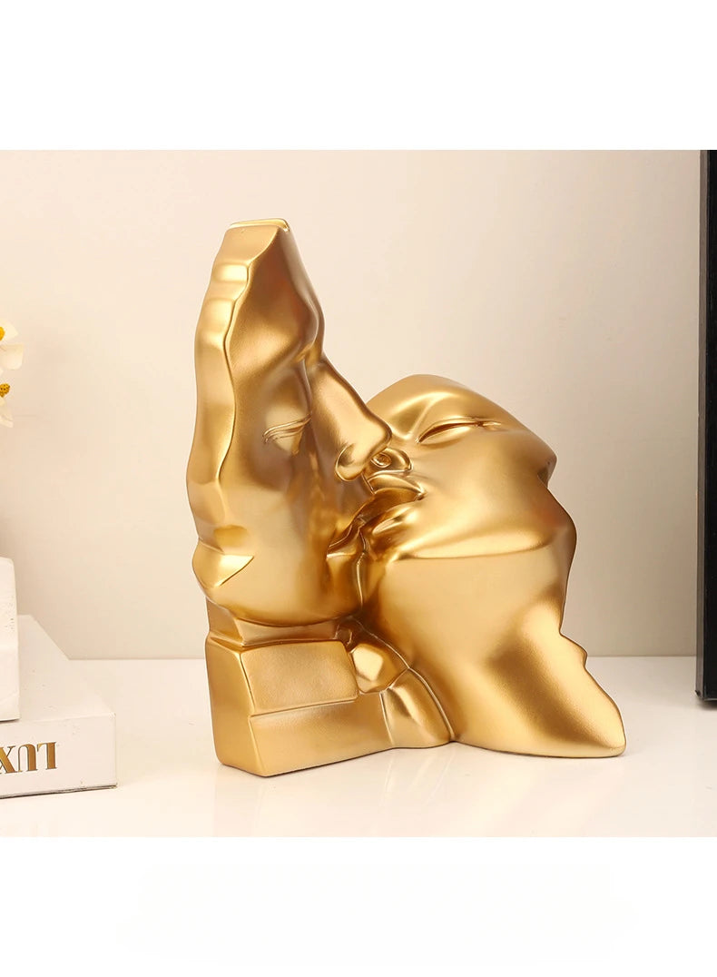 Resin Crafts Abstract Portrait Sculpture – Gold Couple Head Ornament for Wedding Gifts & Home Decoration