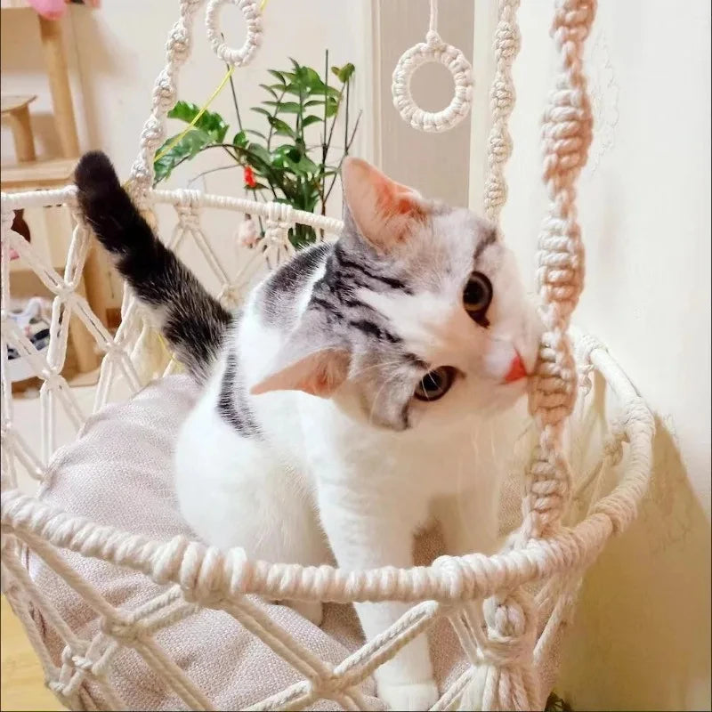 Hand-Woven Bohemian Cat Hammock – Hanging Basket Swing with Cushion for Cats