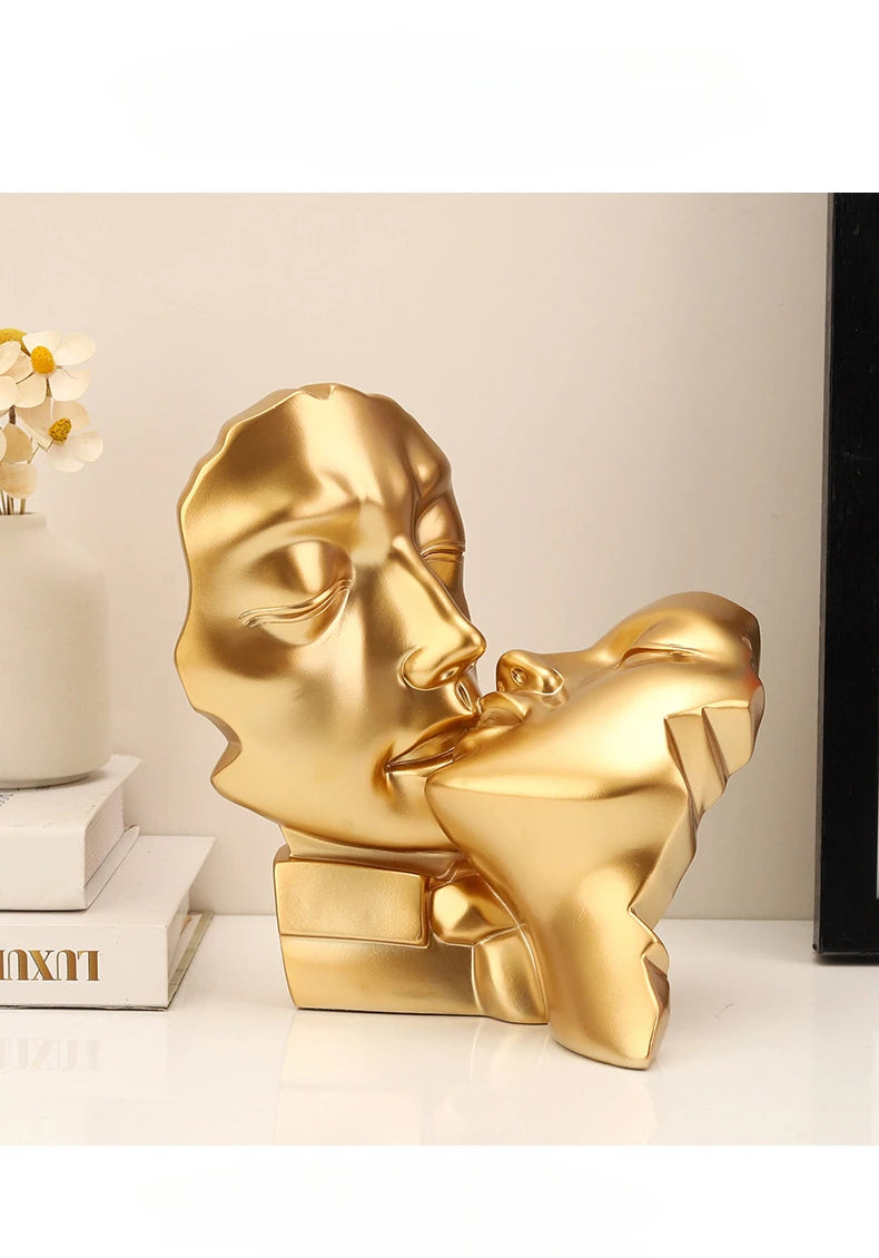 Resin Crafts Abstract Portrait Sculpture – Gold Couple Head Ornament for Wedding Gifts & Home Decoration