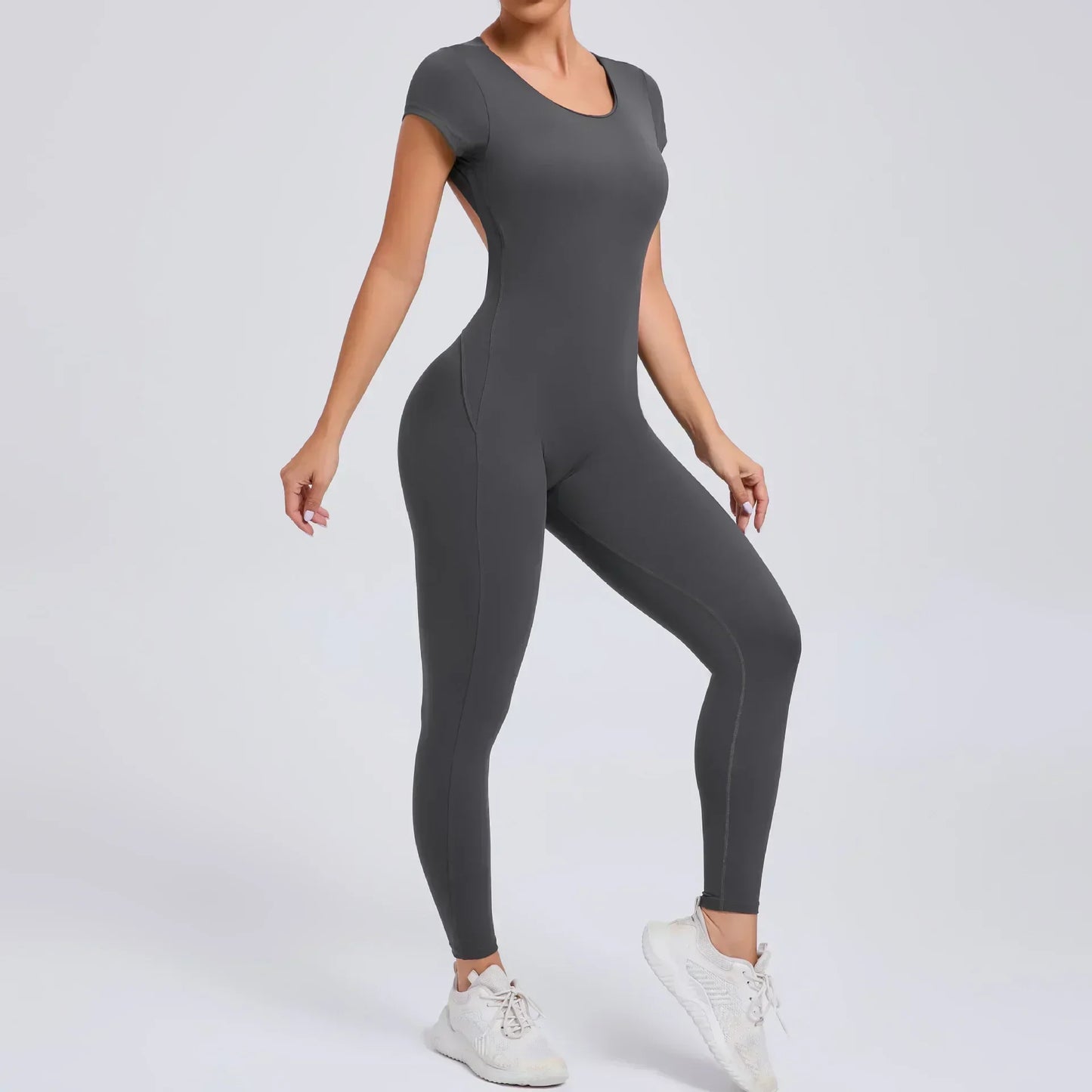 Seamless Yoga Jumpsuit – Short-Sleeved Backless One-Piece Workout Suit for Women, Hip-Lifting Fitness Tracksuit