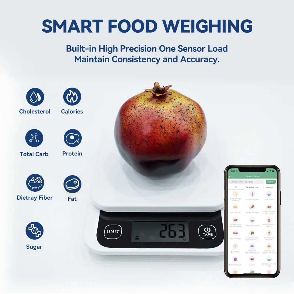 iComon 5kg/0.1g Smart Digital Kitchen Scale with Nutrition Calculator App – Precision Food Scale for Cooking and Baking