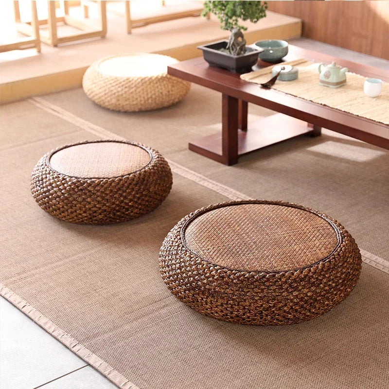 Natural Weave Straw Pouf Tatami Mat – Round Floor Cushion for Meditation, Yoga & Japanese-Style Seating