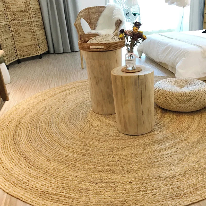 Rattan Round Carpets – Natural Plant Fiber Hand-Woven Rug for Living Room, Bedroom & Kitchen