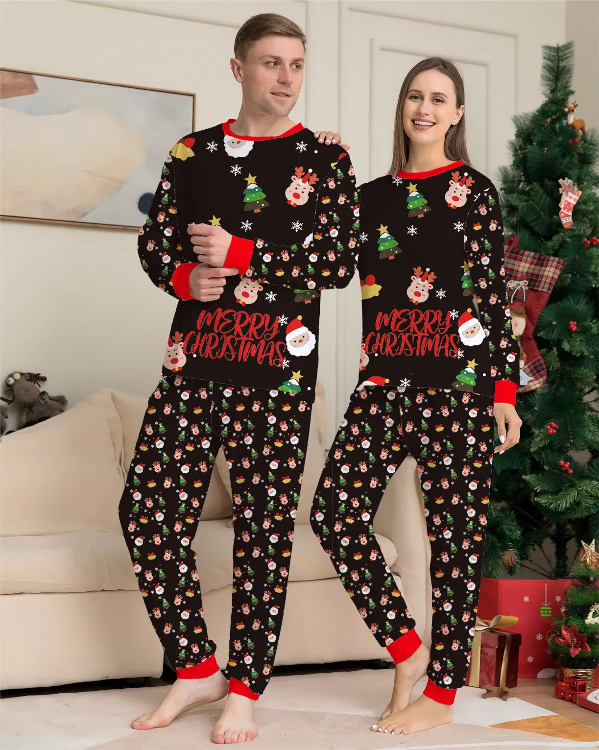 Christmas Family Matching Pajamas Set – Deer & Santa Print PJs with Baby Romper + Dog Outfit