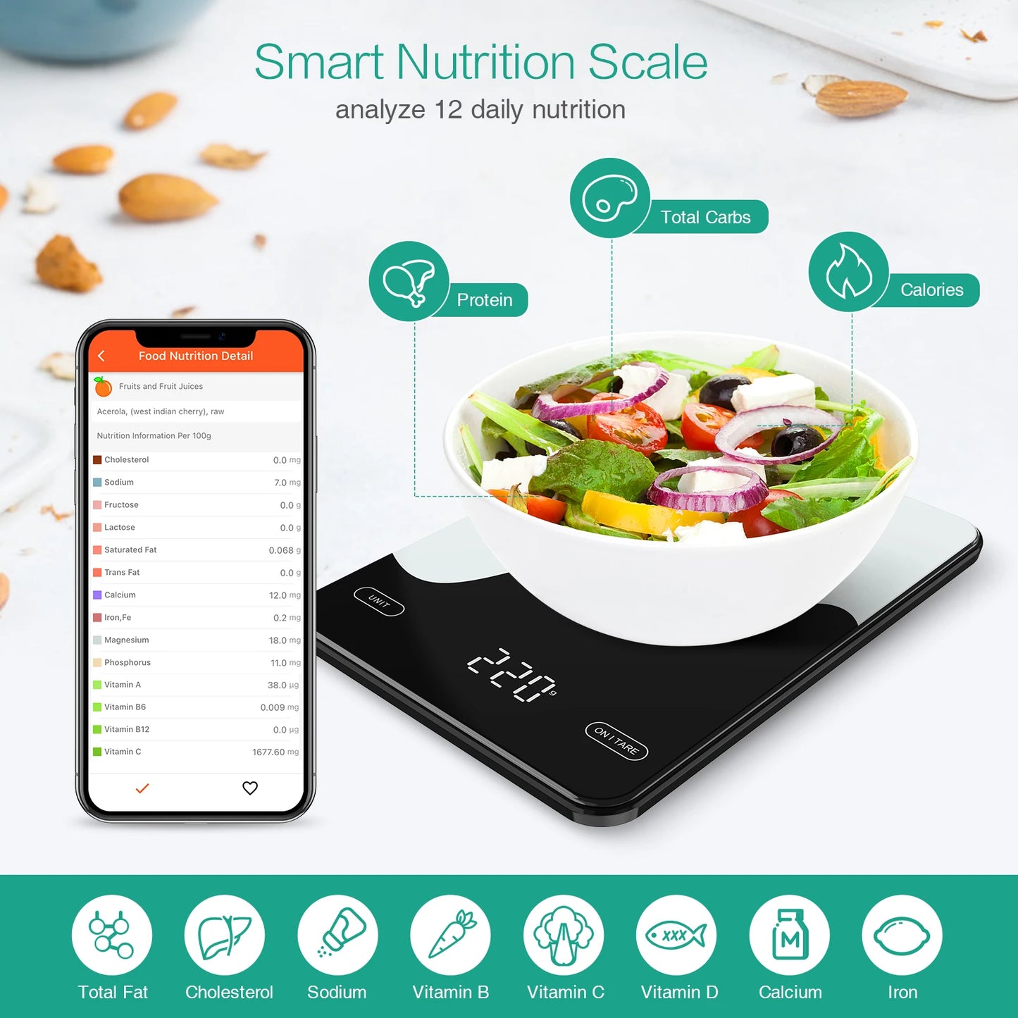 AMIR Digital Kitchen Scale with Nutrition Tracking – 10kg/1g Precision, Smart App Integration, Rechargeable, and LED Display